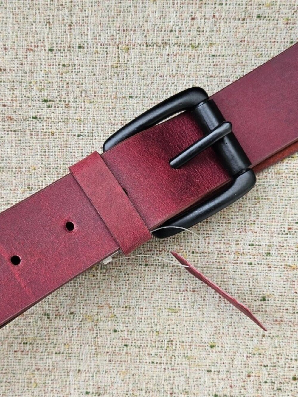 Handcrafted Belt Burgundy Genuine Leather Black Tone Buckle Waistband Size 38